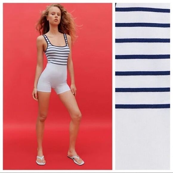 Zara Limitless Contour Strappy Seamless Unitard white with Blue Stripe - Picture 5 of 15
